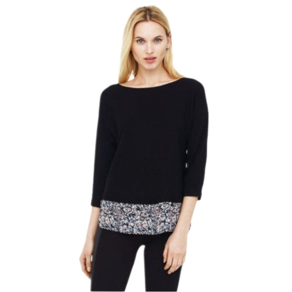 Club Monaco Tia Black Merino Wool Watercolor Silk Shirt Tail Hem Sweater sz S